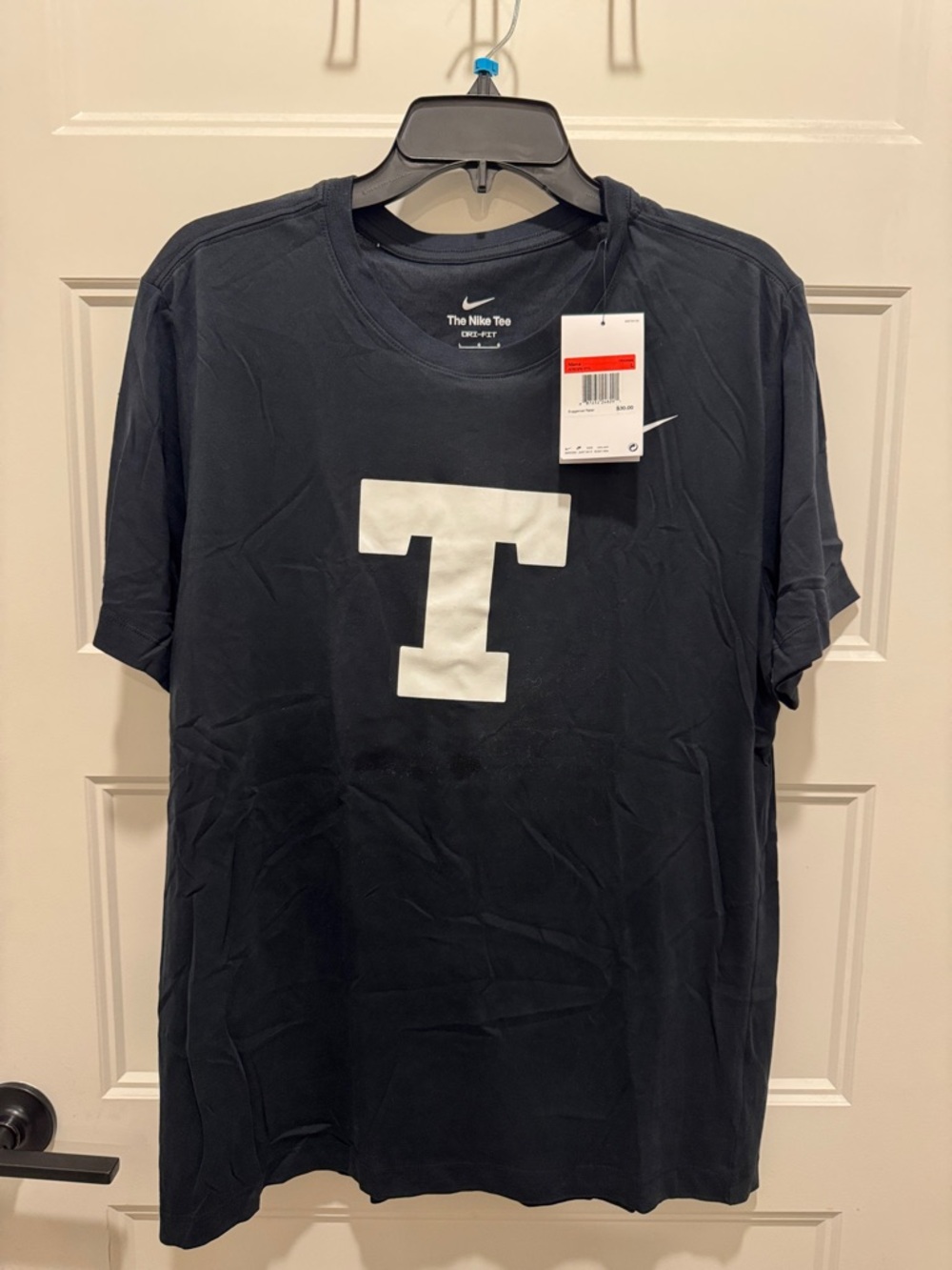 Nike Men's Navy Short-Sleeve Crew Tee with White 'T' and Swoosh